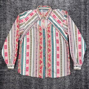Vtg Adobe Rose Button Up Women's Shirt M Southwest Geometric Print Long Sleeve